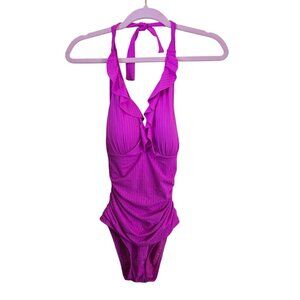 Ellen Tracy NWOT Pink On Pink Striped Ruched Ruffled Halter Swimsuit Size 6